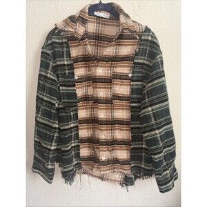 Patchwork Plaid Flannel Shirt Distressed S Raw Hem Chore Rustic Velvet Grunge